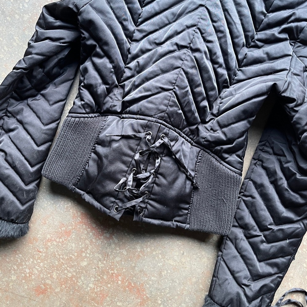Bebe Black Chevron Quilted Down Puffer Jacket Real Rabbit Fur Hood Lace Up Small - Picture 7 of 11